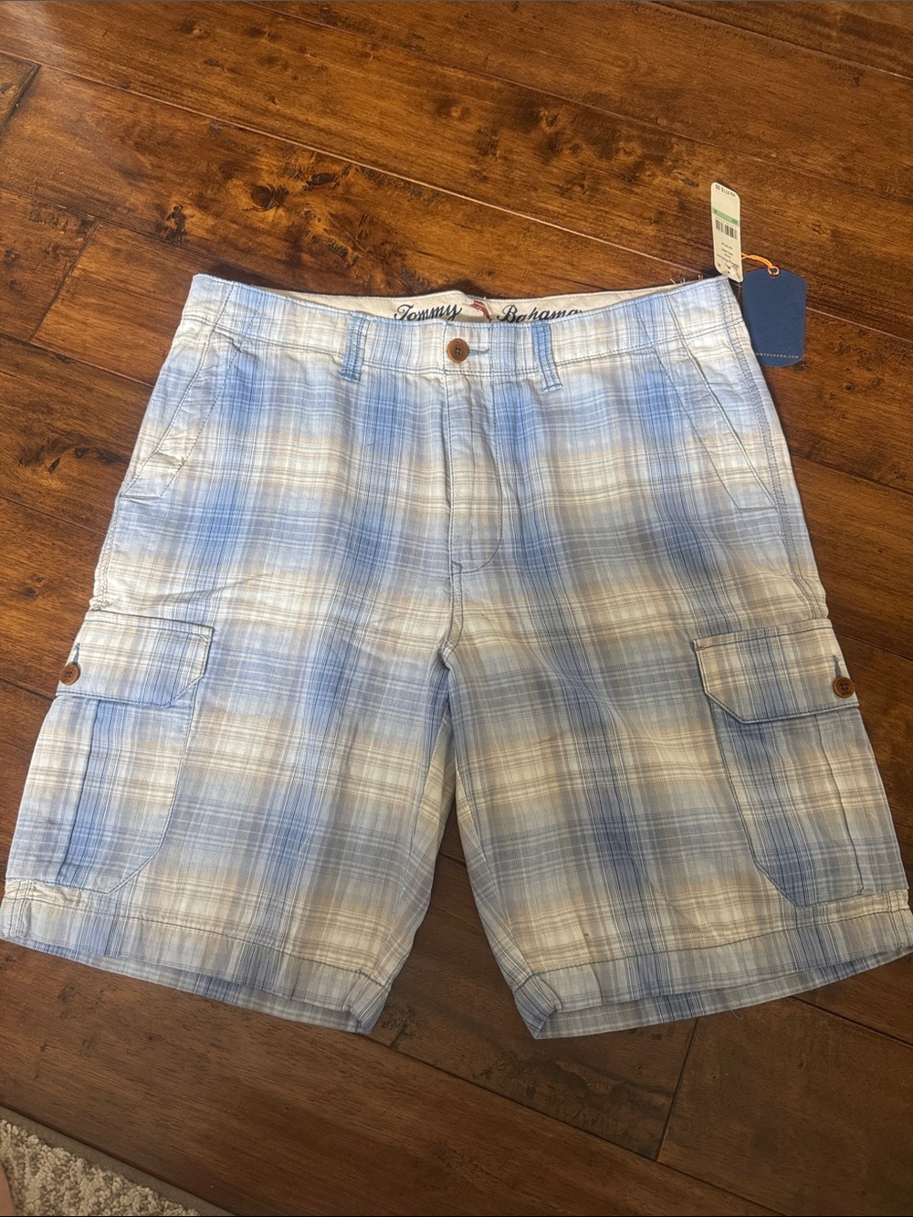 Tommy Bahama Light Blue and White Plaid Cargo Shorts